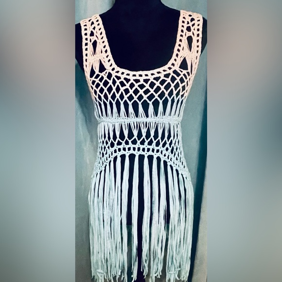 VENUS Macrame Top Size MED Fringe Teal Blue Dipped Top Swimsuit Cover Up - Picture 2 of 14